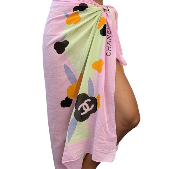 CHANEL Vintage 00S CC Mark Logo Shawl Scarf Wrap Pareo Skirt Pink Green [104228] - Picture 7 of 13